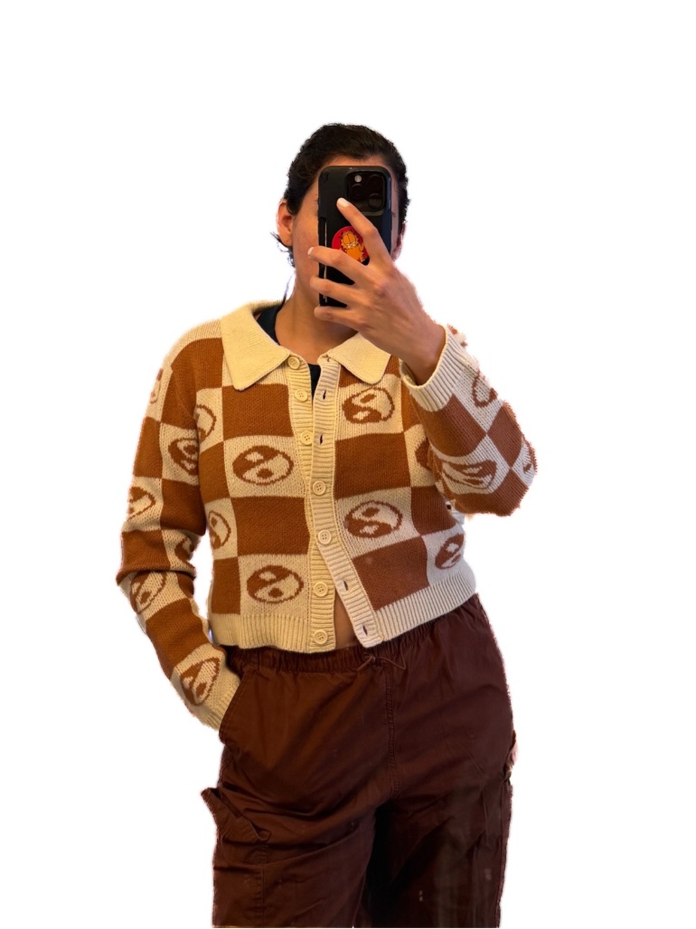 EARTHBOUND Checker Knit Cardigan Sweater in Cream & Brown